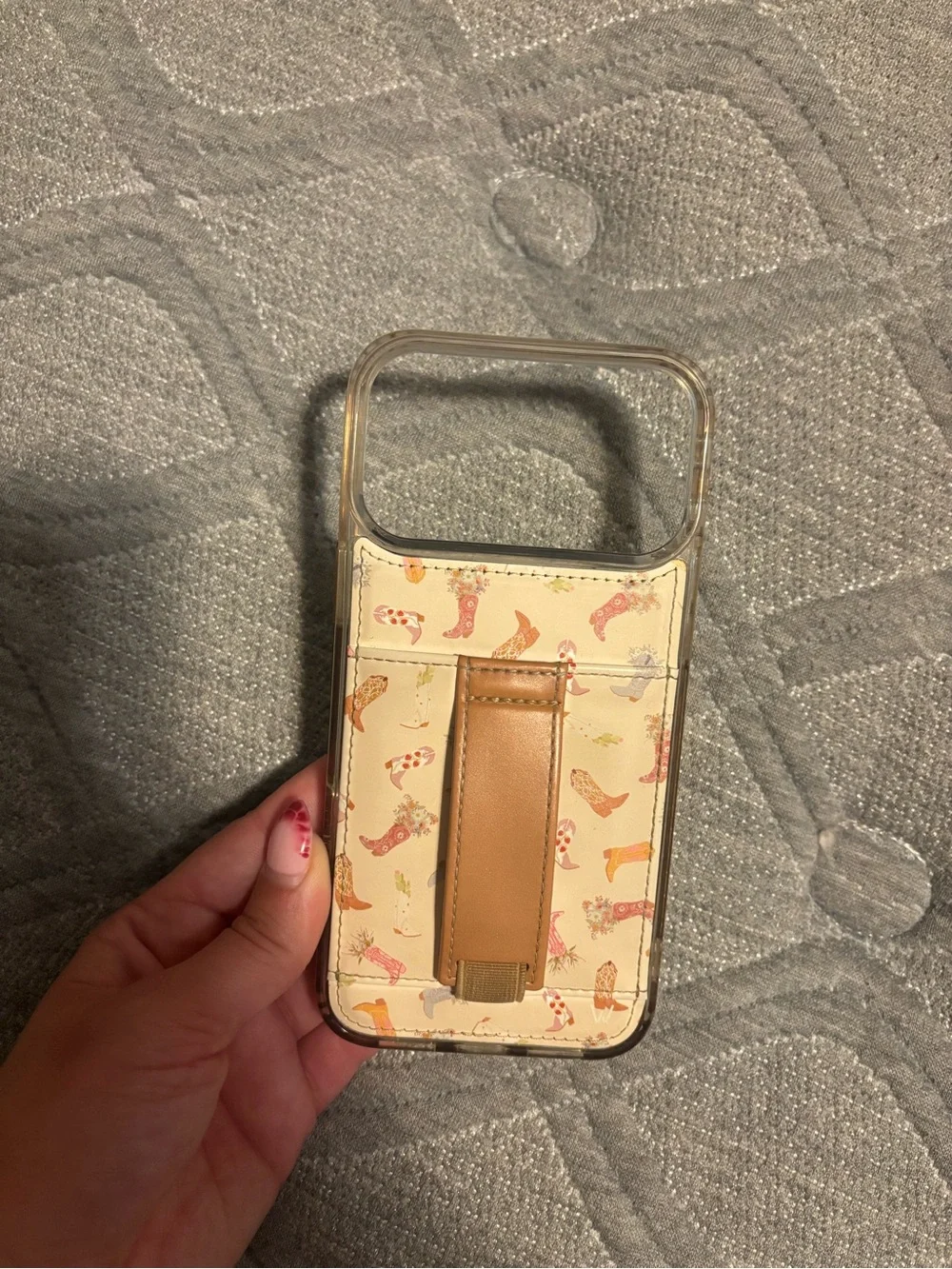 Walli - Cream Printed Phone Card Case with Tan Strap